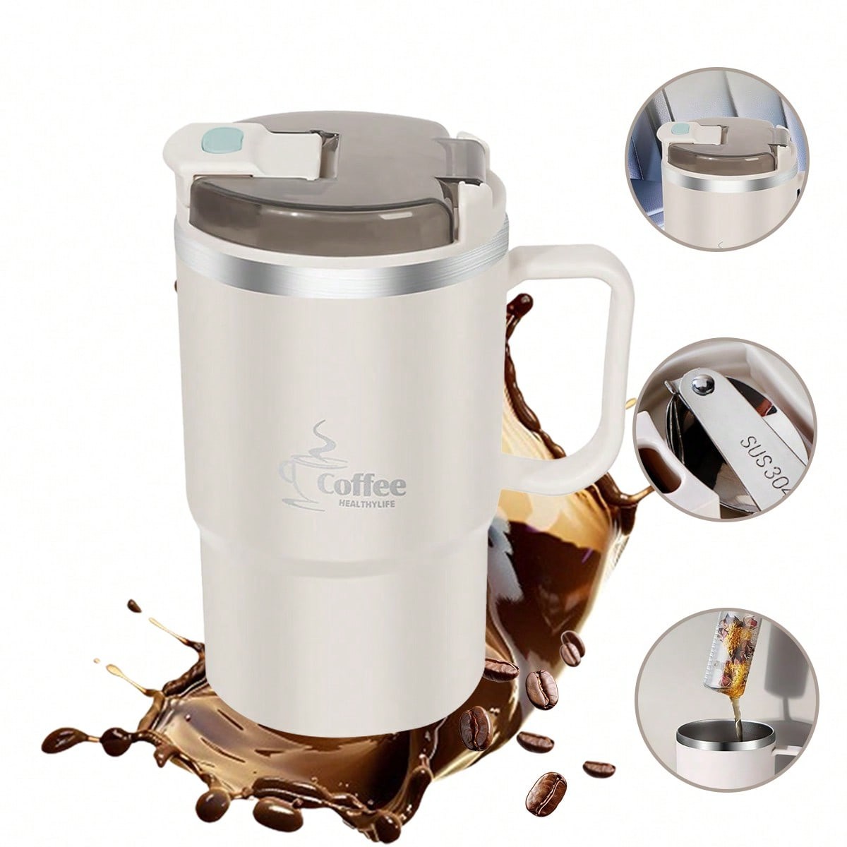 Stainless Steel Coffee Mug With Straw With Tea Divider, Outdoor Travel Mug