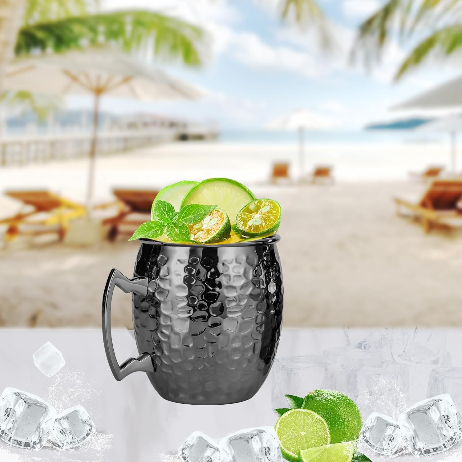 Moscow Mule Mugs, 16 OZ Black Hammered Mule Cup with 304 Stainless Steel Lining