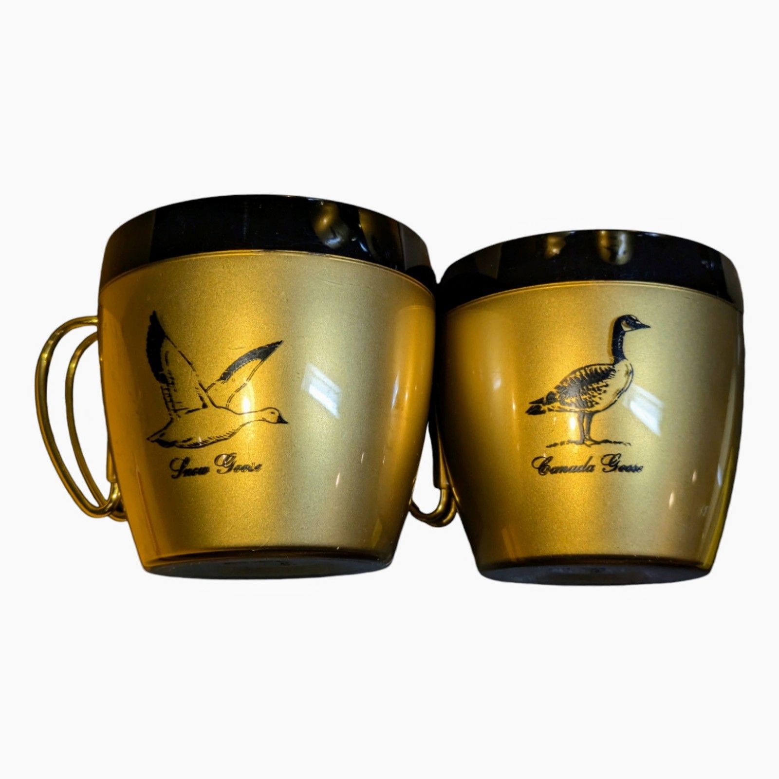 5 West Bend Insulated Mugs Cups Thermo-Serv Gold Black Birds Metal Handles MCM