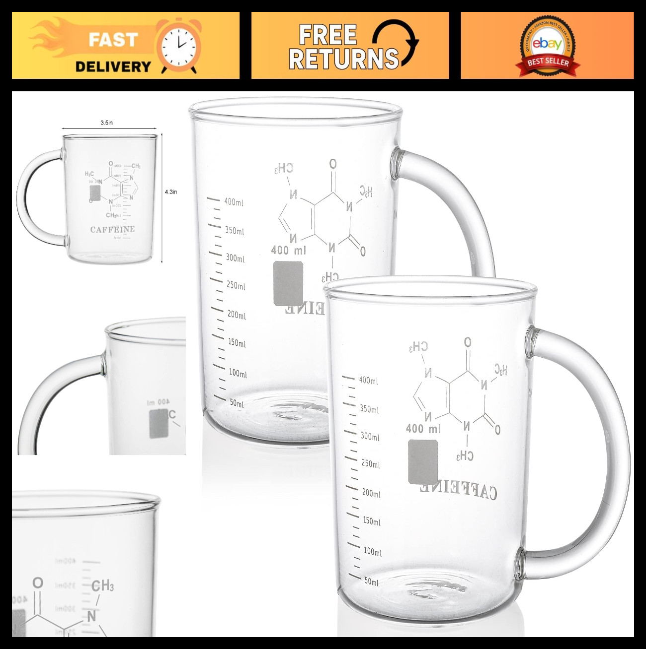 2 Pack 16 oz Caffeine Molecule Beaker Mug – Clear Borosilicate Glass Coffee Cup
