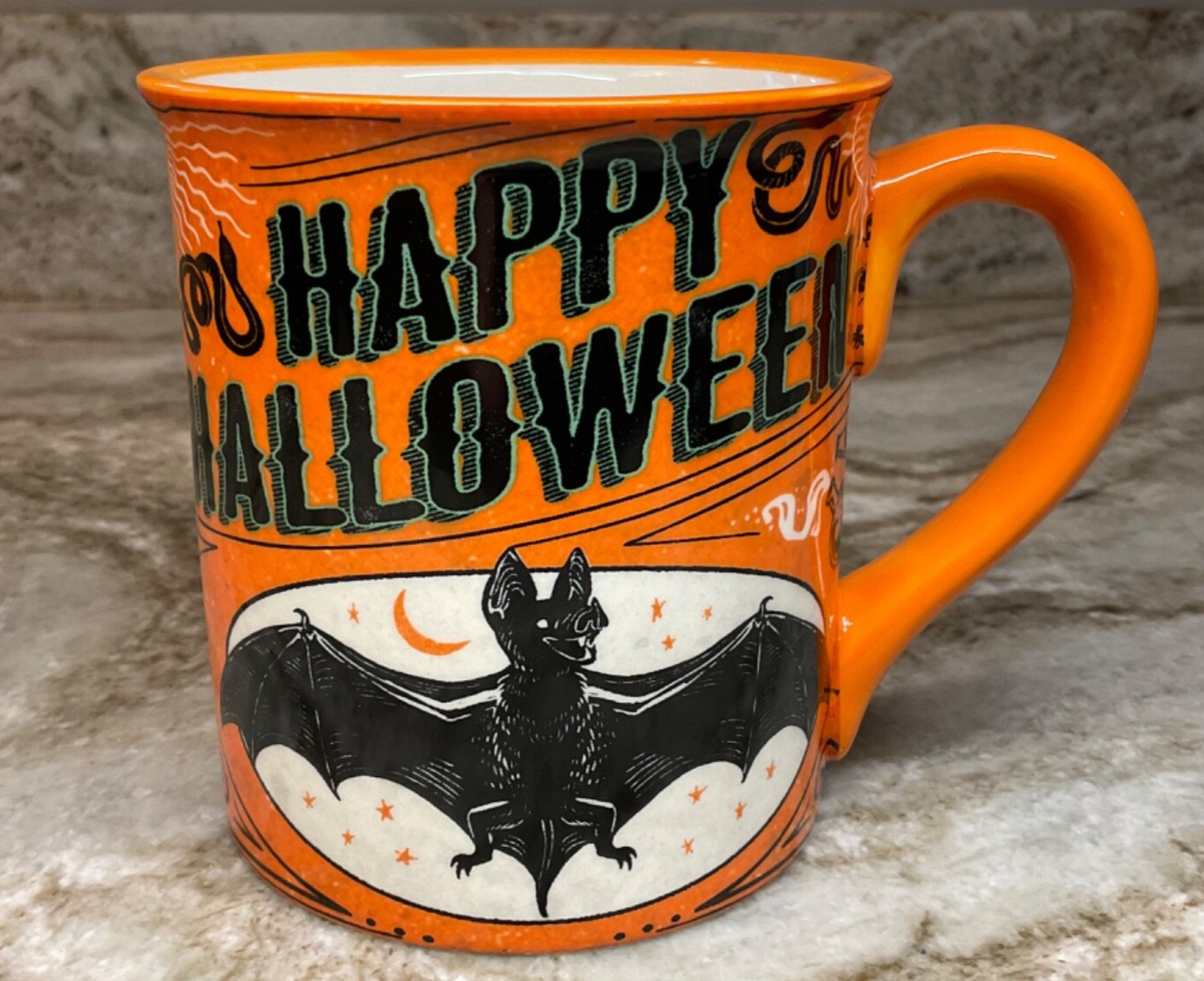 Large Cofffee Mug Happy Halloween With Bats, Snakes Moon And Stars. New