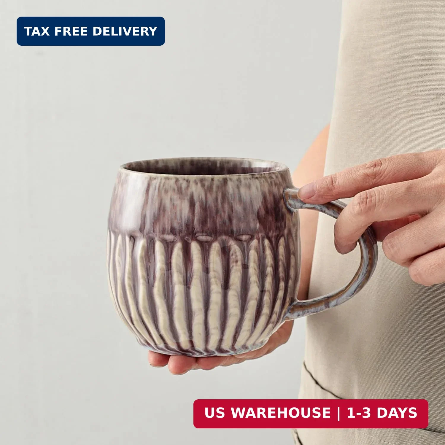 Large Ceramic Coffee Mug 20oz Ribbed Purple Tea Cup Microwave & Dishwasher Safe