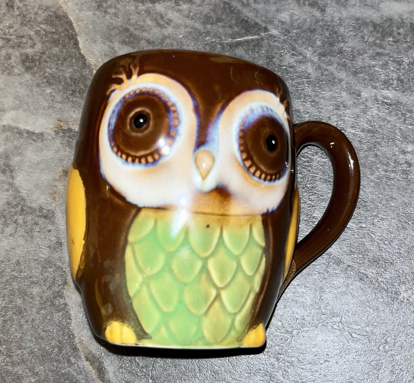 Ceramic Owl Figural Novelty Decorated Coffee Mug 12 fl oz Brown Green(H)