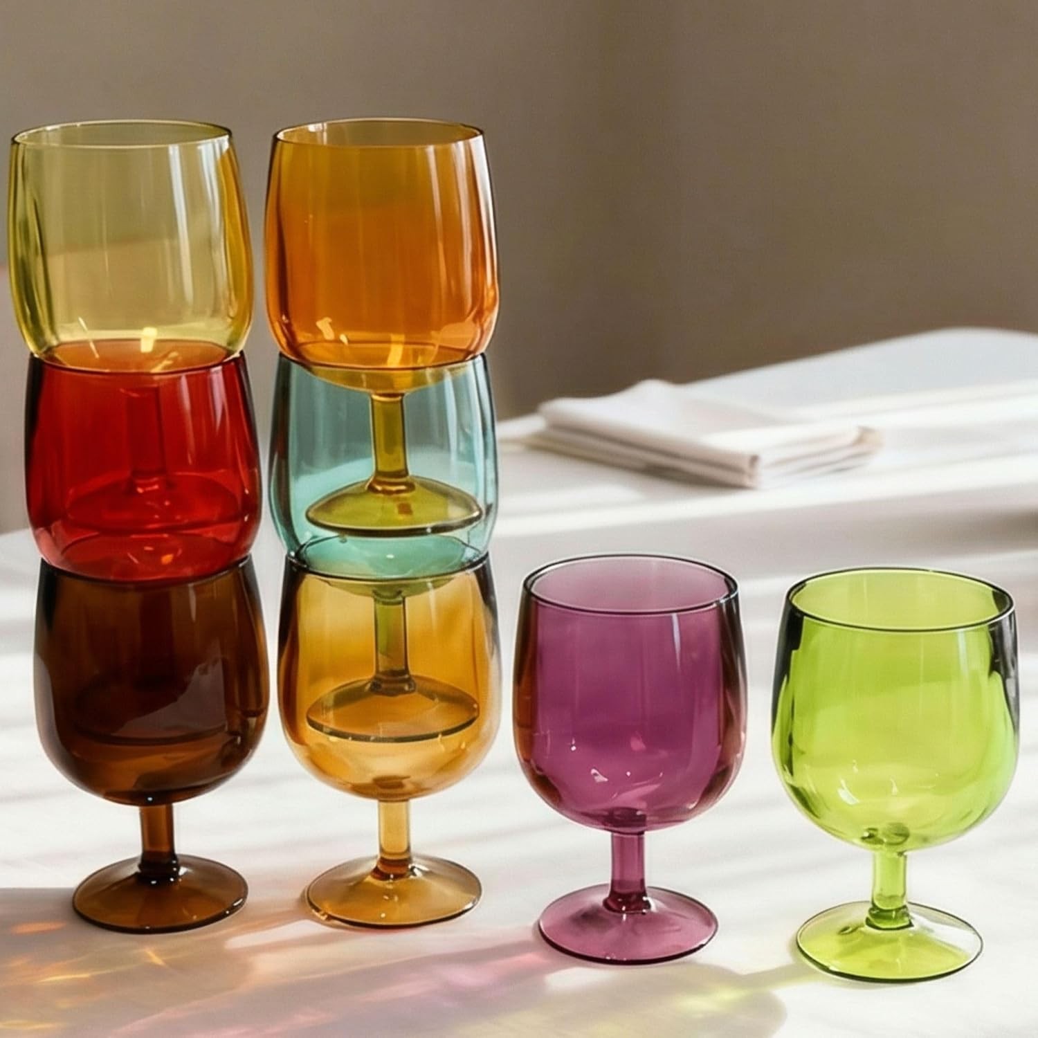8.5 oz Plastic Stem Wine Glasses, Colored Stackable Acrylic Goblets, Reusable