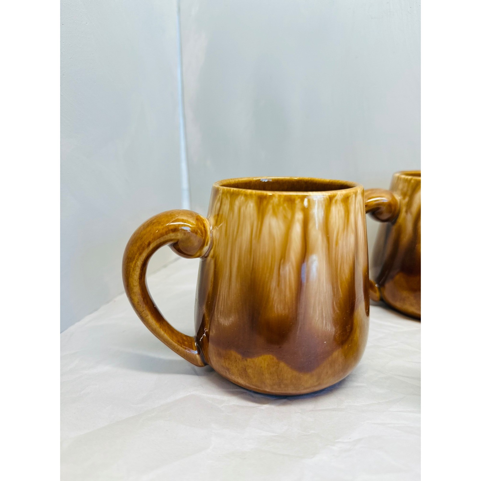 Vtg 1971 Drip Glaze Pottery Mugs Set of 3 Brown Tan Ceramic Mid Century Modern