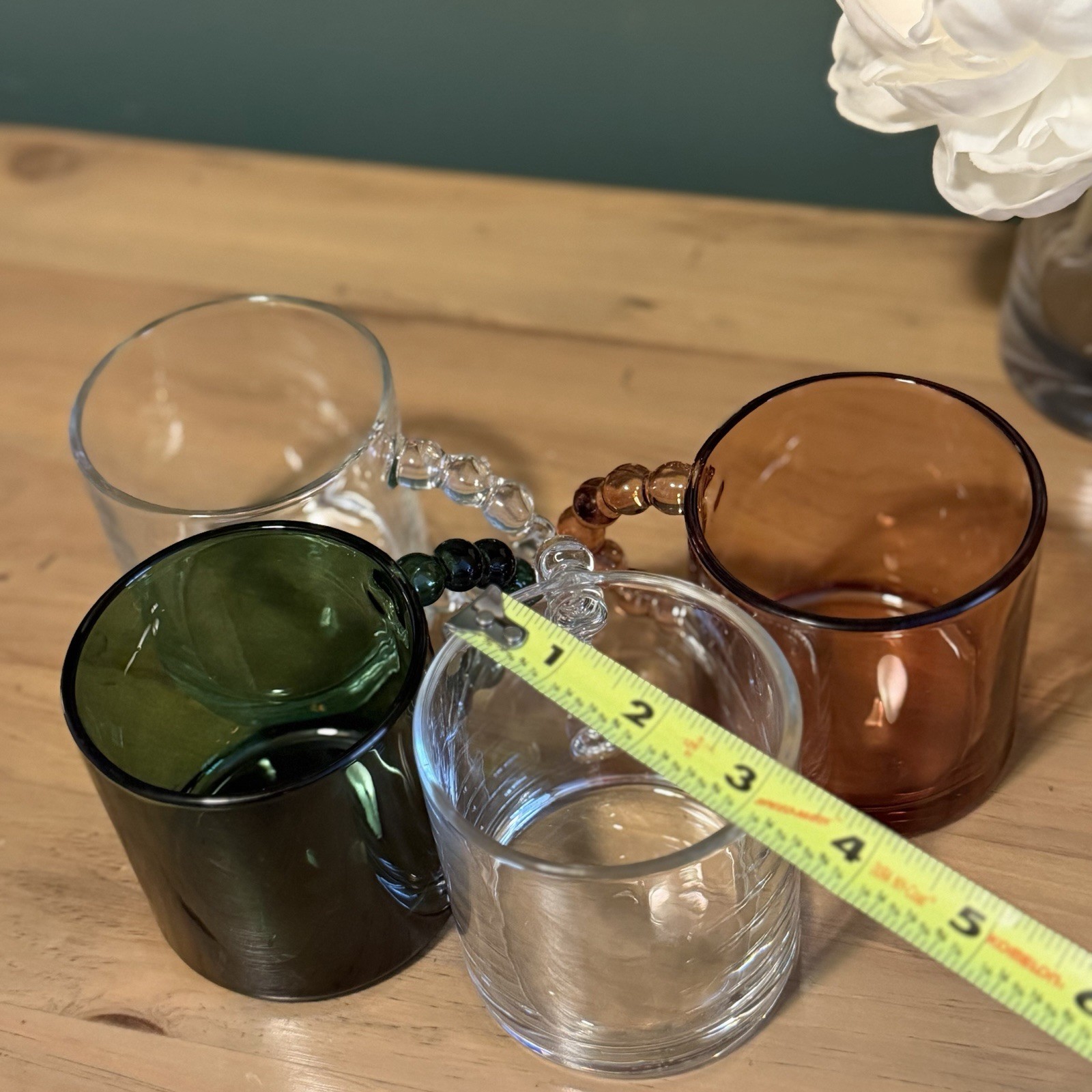 Set of 4 Glass Mugs Bubble Handle Clear Green Amber Modern Coffee Cups