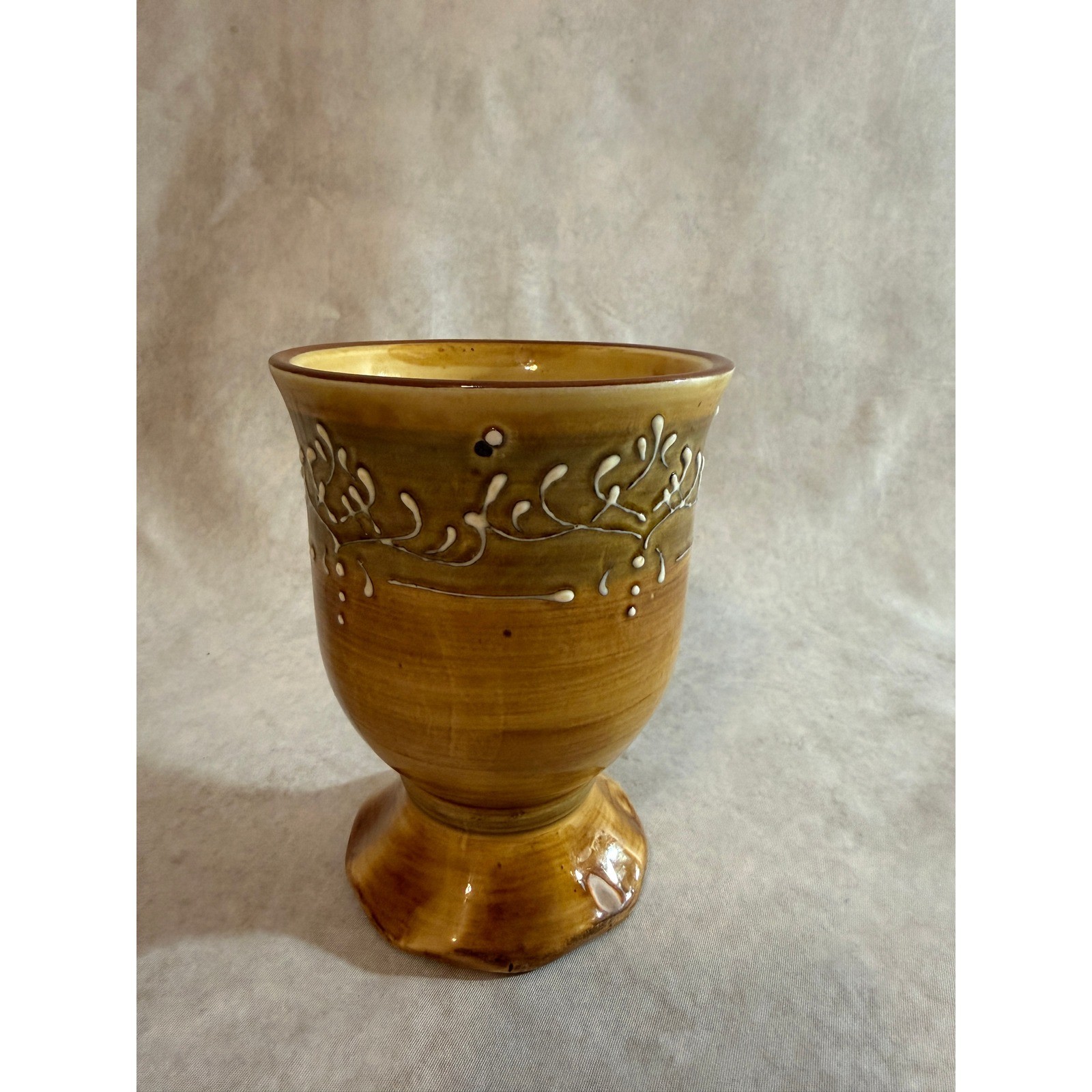 Pier 1 P1 Ceramic Pedestal Mug Brown Glazed Scrollwork Footed Coffee Cup