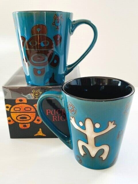 Puerto Rico Coqui Sun Taino Glazed Ceramic Coffee Mugs Cups 14oz Fine Souvenirs