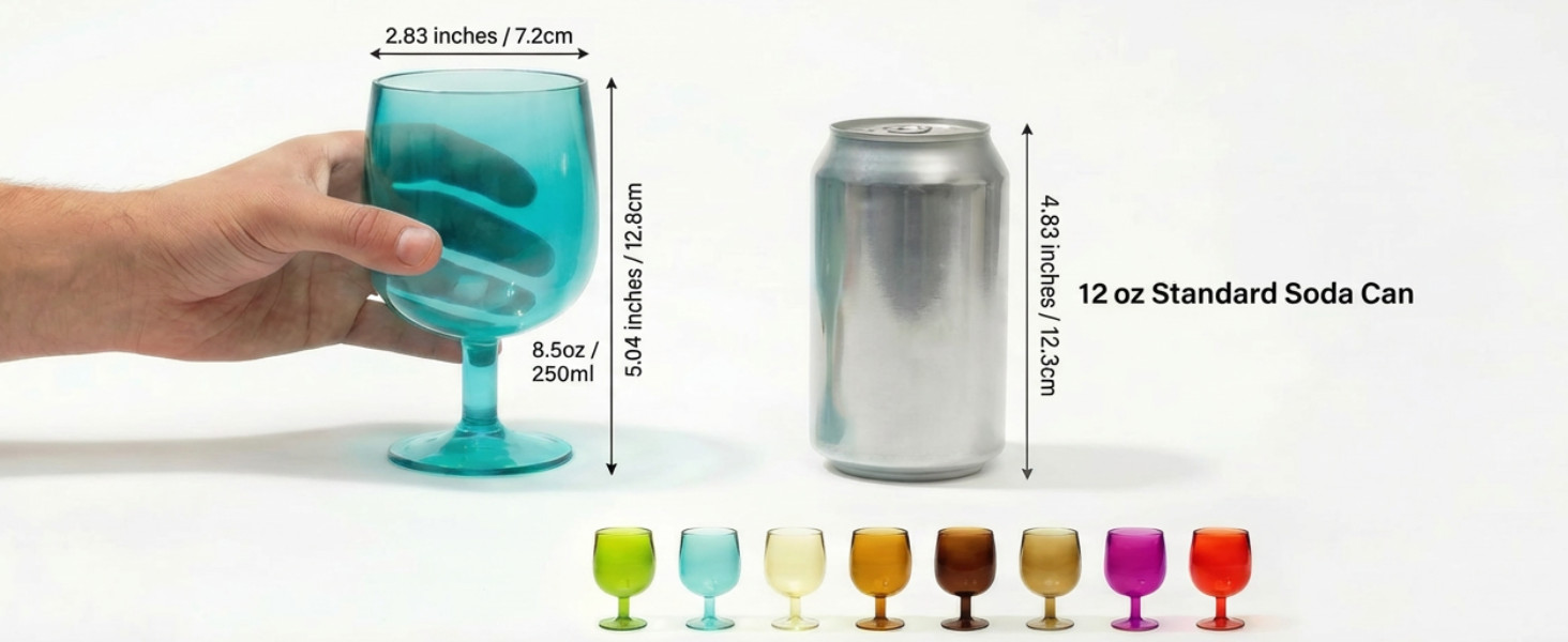 8.5 oz Plastic Stem Wine Glasses, Colored Stackable Acrylic Goblets, Reusable
