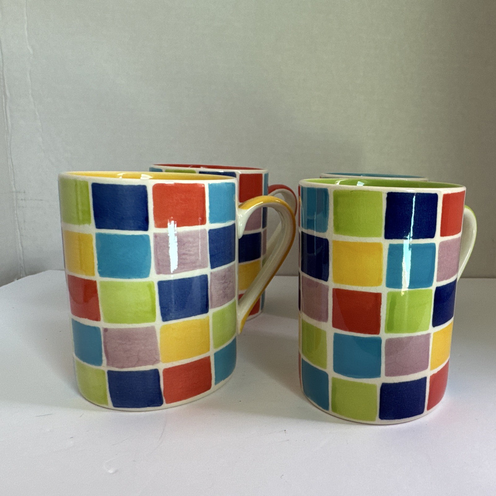 RARE Whittard Hand Painted Check Ceramic Coffee Mugs Set of 4 Multicolor Safe