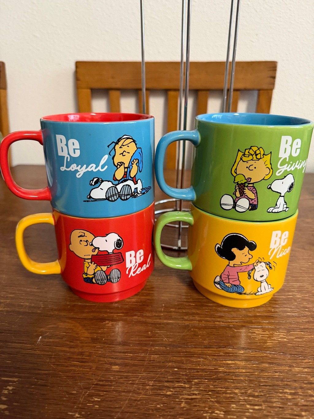 Peanuts Gentle Reminders 4 Pc Stackable Stoneware Mug Set with Metal Rack Snoopy