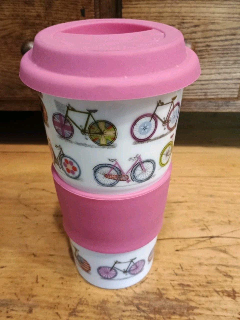 World Market Bicycle Ceramic Travel Mug with Grip and Lid – White / Pink