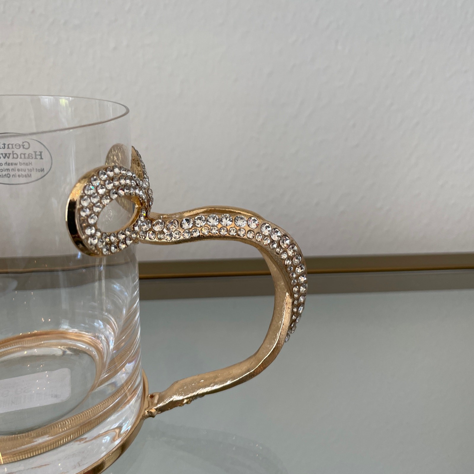 Gold & Rhinestone BOW Handle Glass Mug Coffee Tea Cup Set of 2 Glam Kitchen New