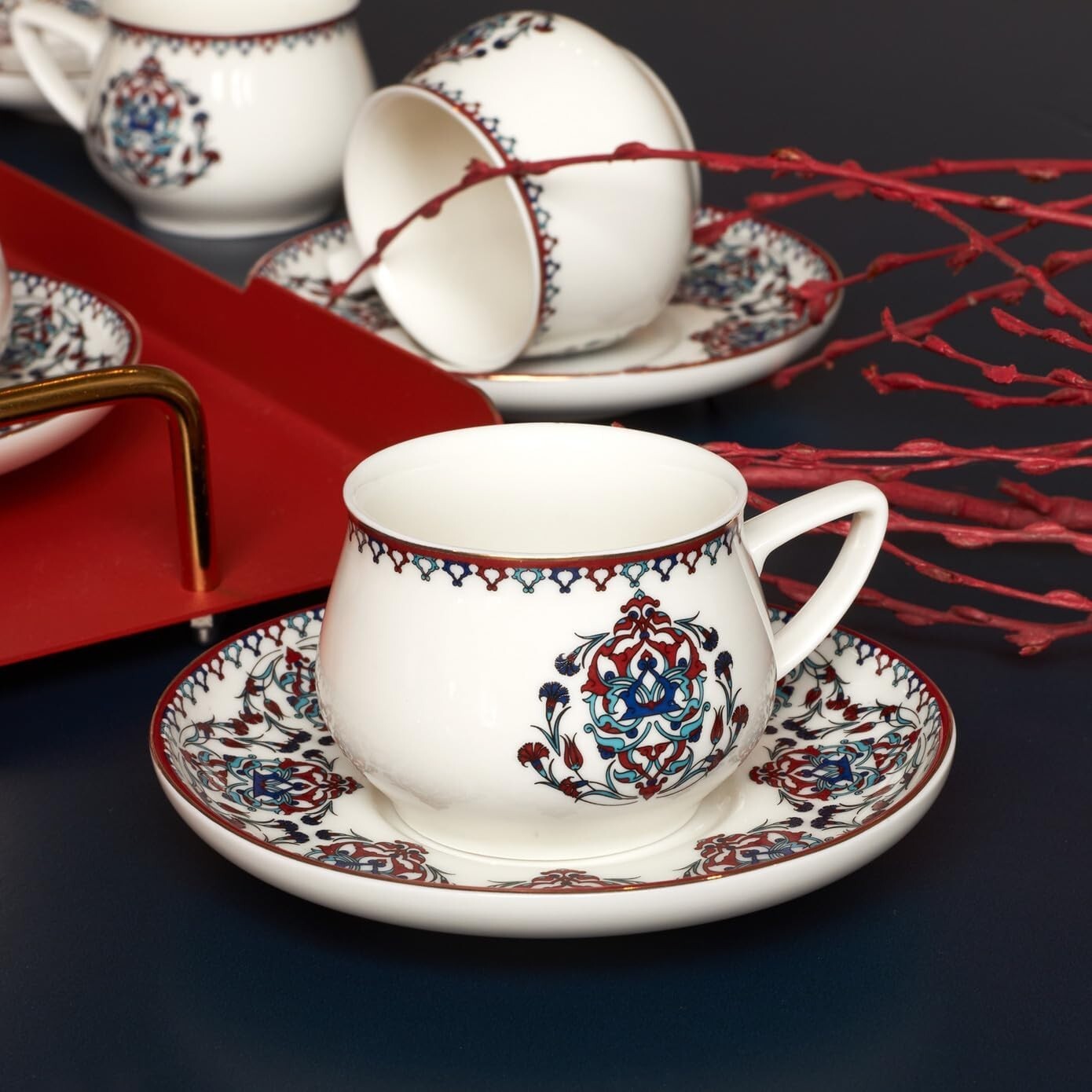 Turkish Porcelain Coffee Cup Set for 6-12 Pc Espresso Cups & Saucers,Traditional