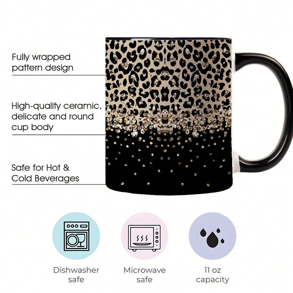 Leopard Print Coffee Mug with Golden Pattern, Elegant Heat-Retaining Cup