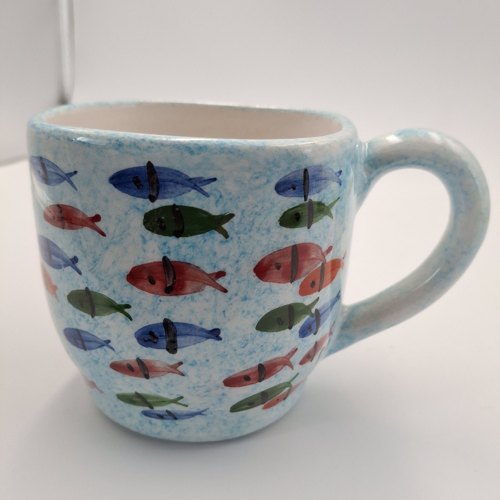 Signed Kühn Ceramic Mug School of Fish Handpainted Mid Century Modern Style