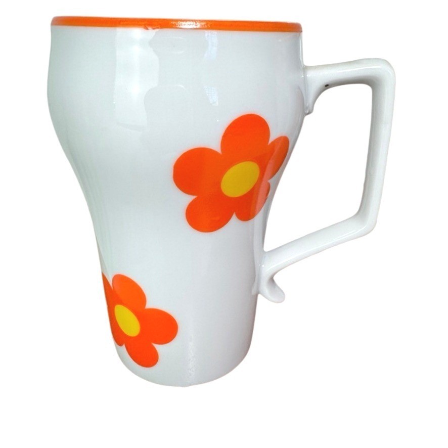 Vintage Retro Orange Daisy Floral Ceramic Mugs Set of 4 Mid Century Modern 5in