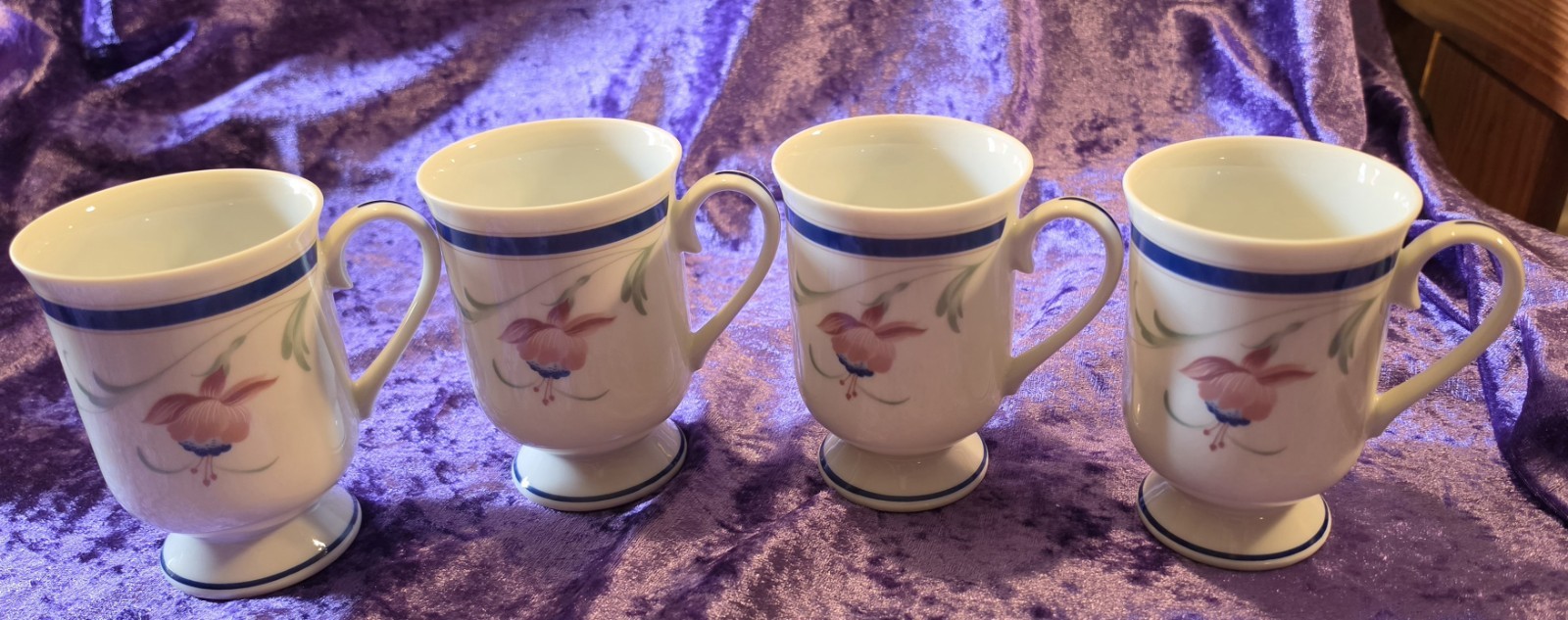 Princess House Porcelain Floral Footed Coffee Mug Set of 4, 8 fl oz White/Blue