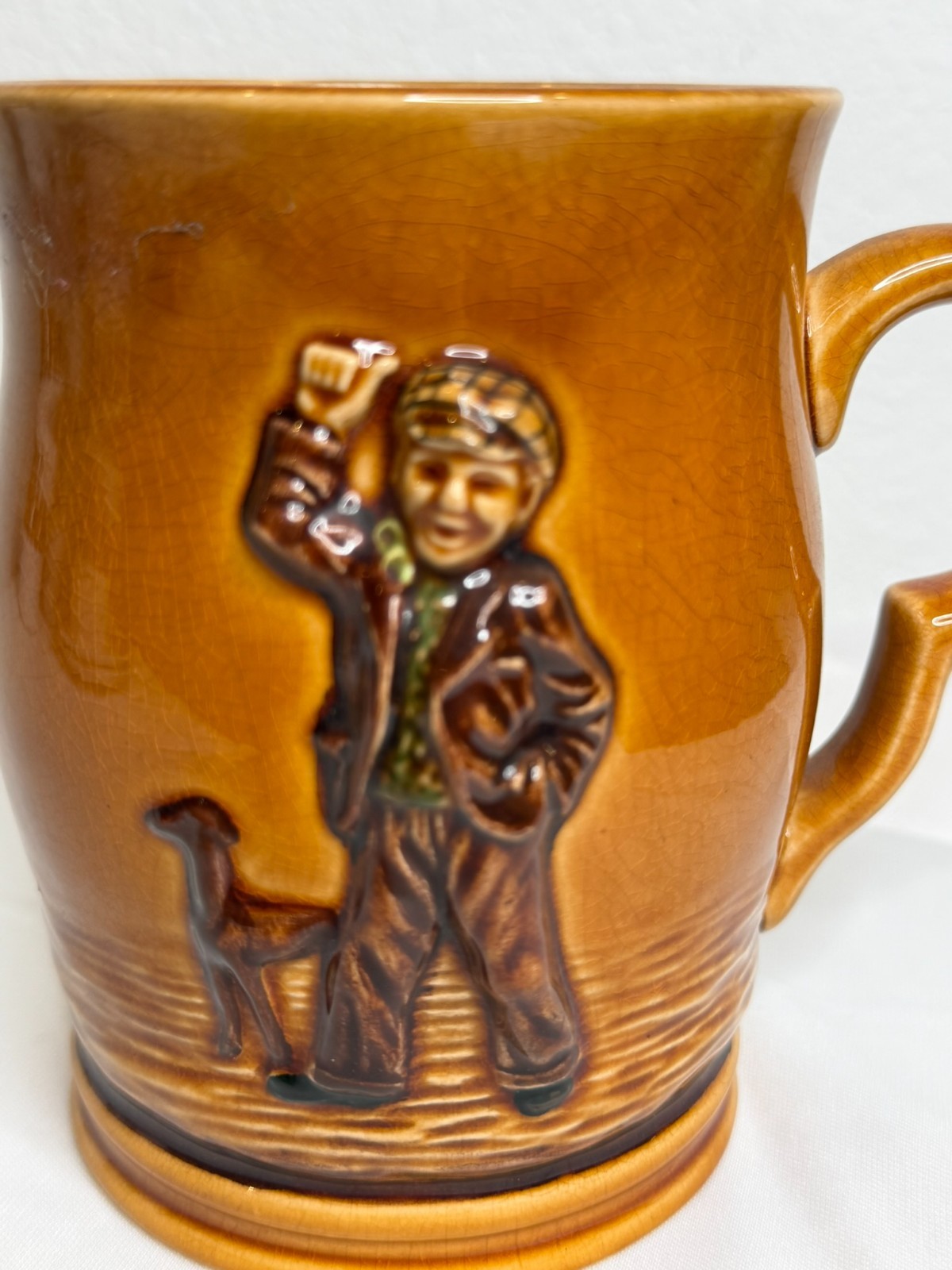 Wade Heath England Relief Mug – Vintage Brown Glaze – Man & Dog Scene – Crackle
