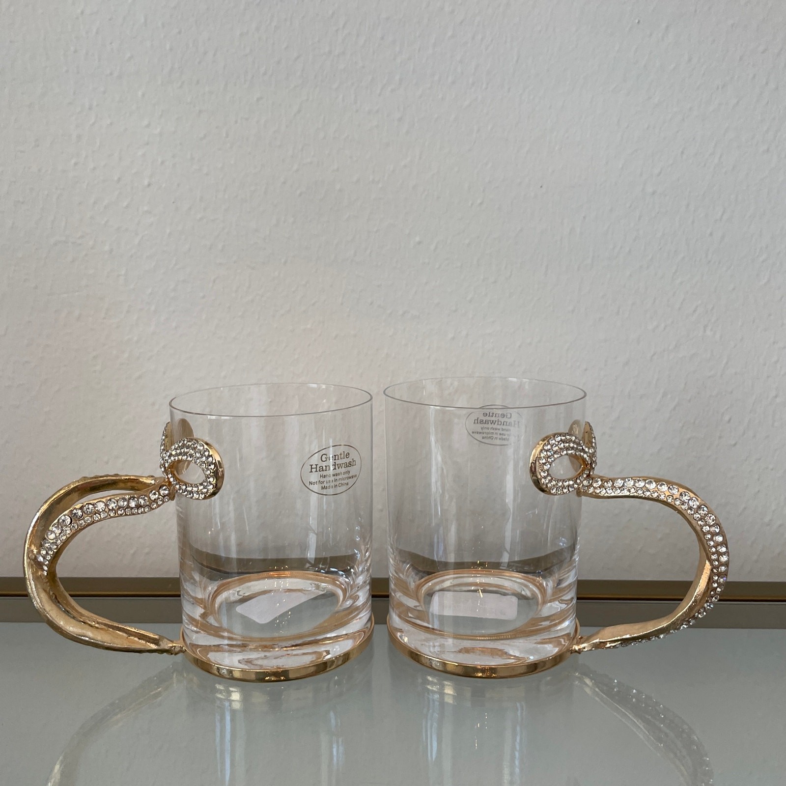 Gold & Rhinestone BOW Handle Glass Mug Coffee Tea Cup Set of 2 Glam Kitchen New