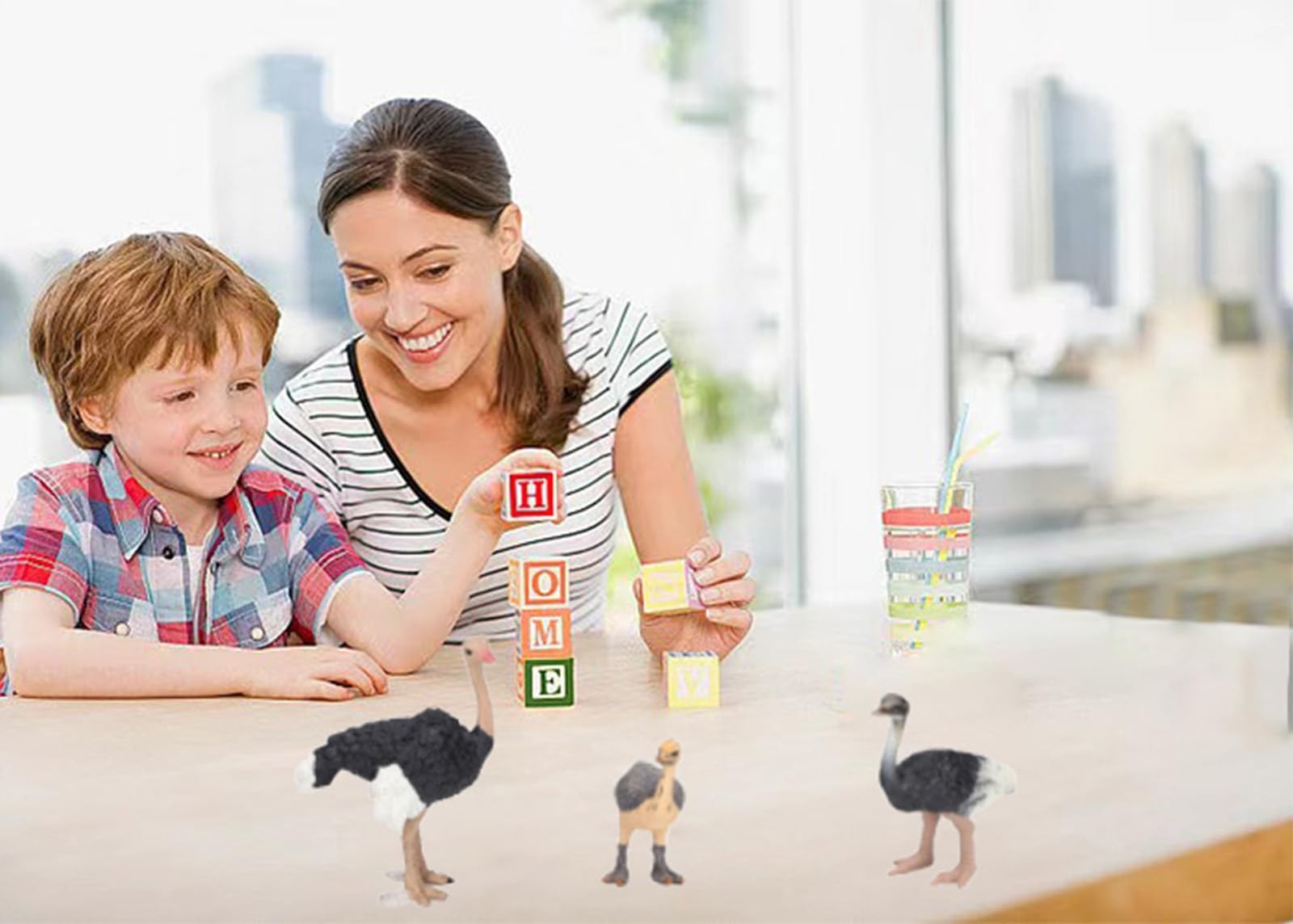 Ostrich Figurine Family 3 Pcs Gray Realistic Plastic Wild Safari Animals