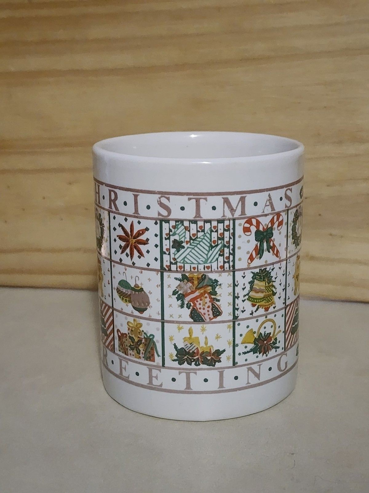 Vintage Christmas Greeting Holiday Mug Coffee Tea Cup Gingerbread Bear Decor