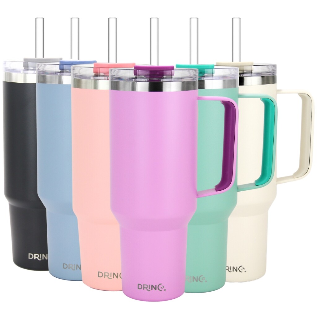 Drinco 1L Insulated Stainless Steel Tumbler w/ Handle, Straw & Twist Lid –