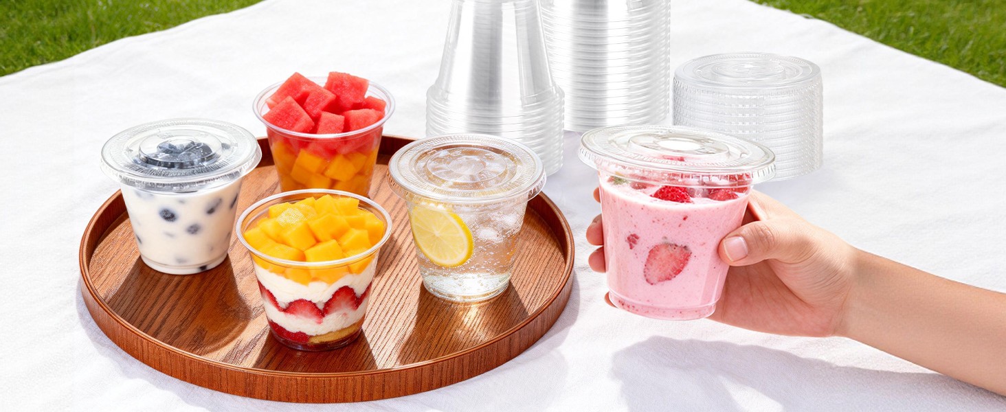 Clear Plastic Cups with Lids, Clear Disposable Cups with Flat Lids No Hole for
