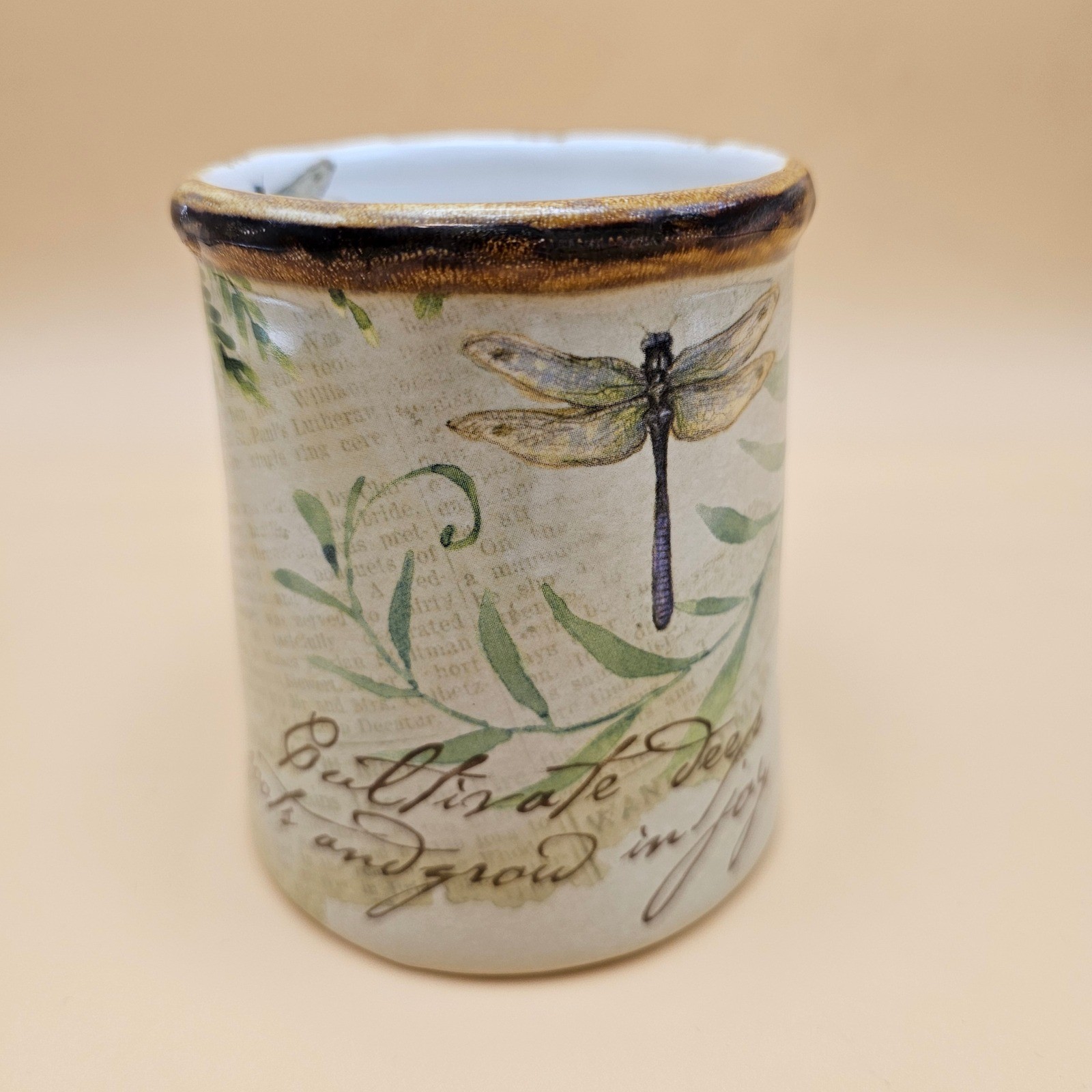 Cracker Barrel Old Country Store Mug Dragonfly Fern Botanical Quote Ceramic