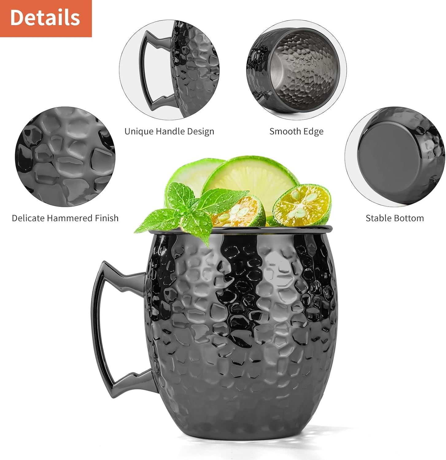 Moscow Mule Mugs, 16 OZ Black Hammered Mule Cup with 304 Stainless Steel Lining