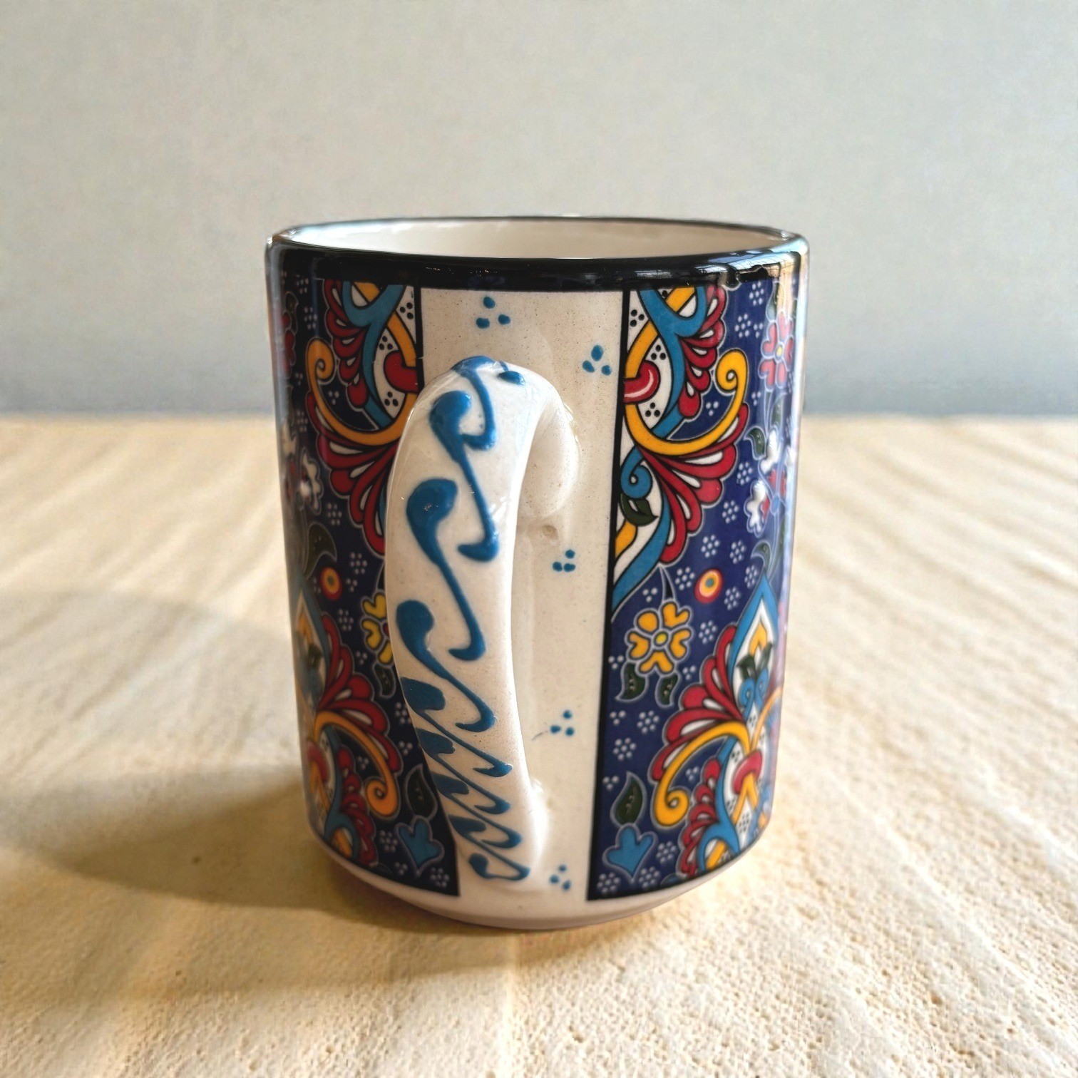 Vintage Hand Painted Turkish Ceramic Mug Iznik Design & Vibrant Colors