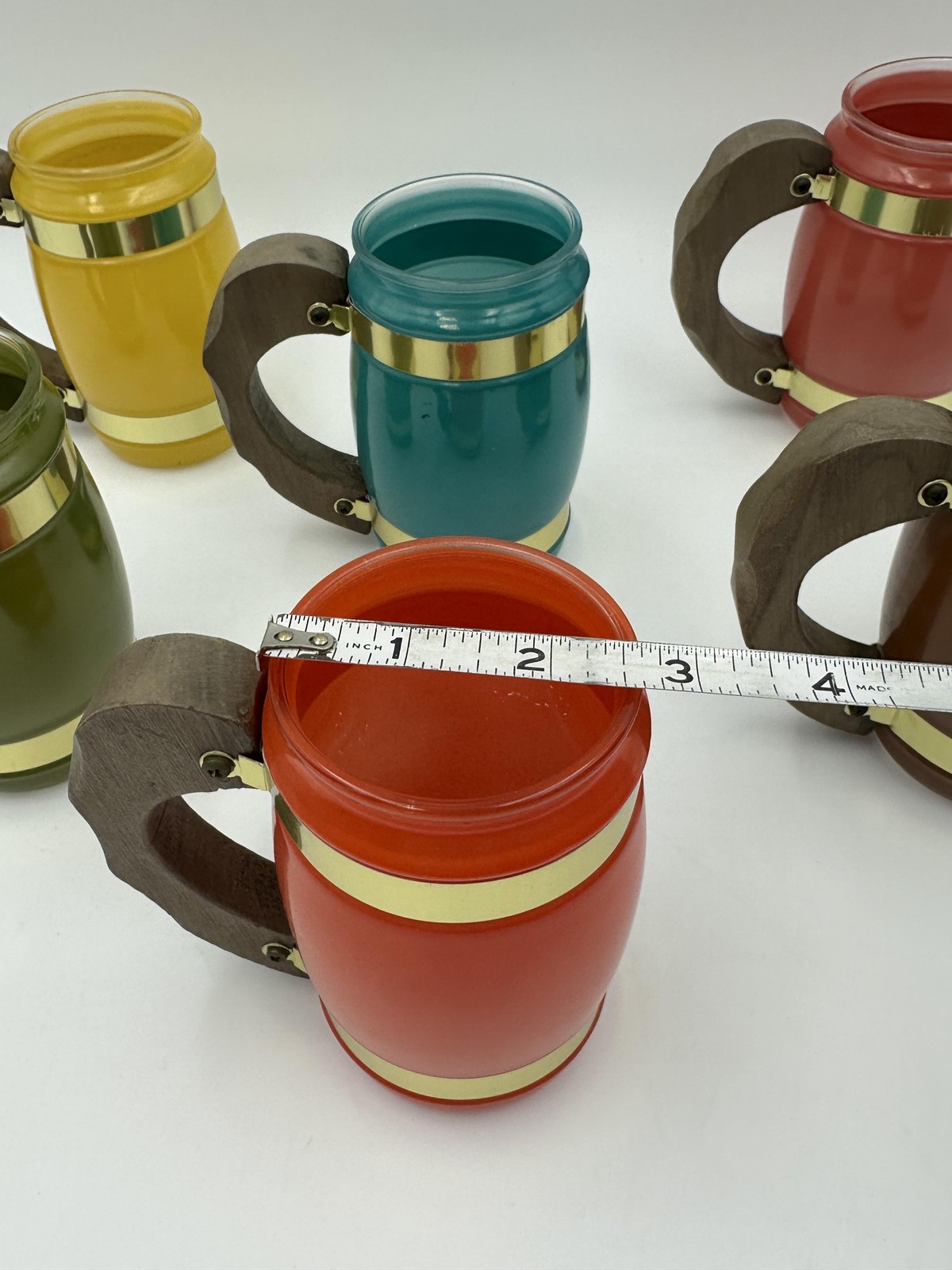 Siesta Ware Glass Mugs Set Of 6 Glass Barrel Wood Handles Multicolor Vintage