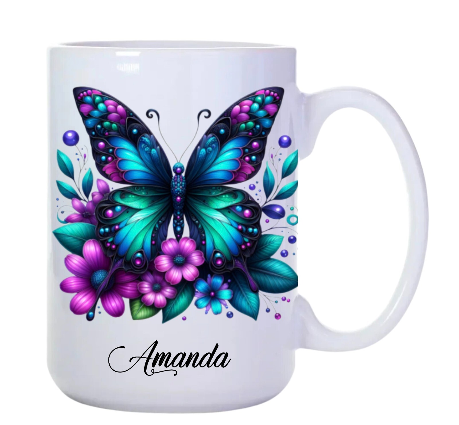 15oz CERAMIC COFFEE MUG – BEAUTIFUL FLORAL COLORED BUTTERFLY PERSONALIED.