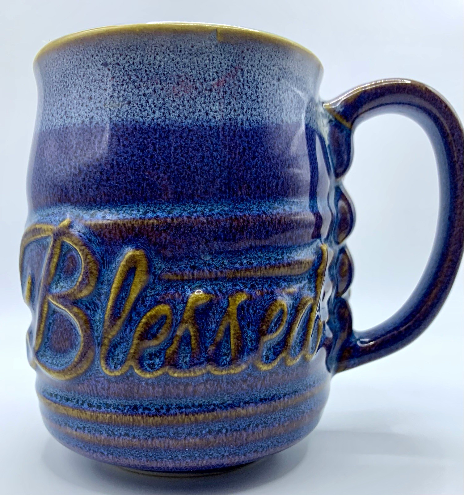 Blue Speckled Ceramic 16 fl oz Coffee Mug, Raised “Blessed” Script Rustic