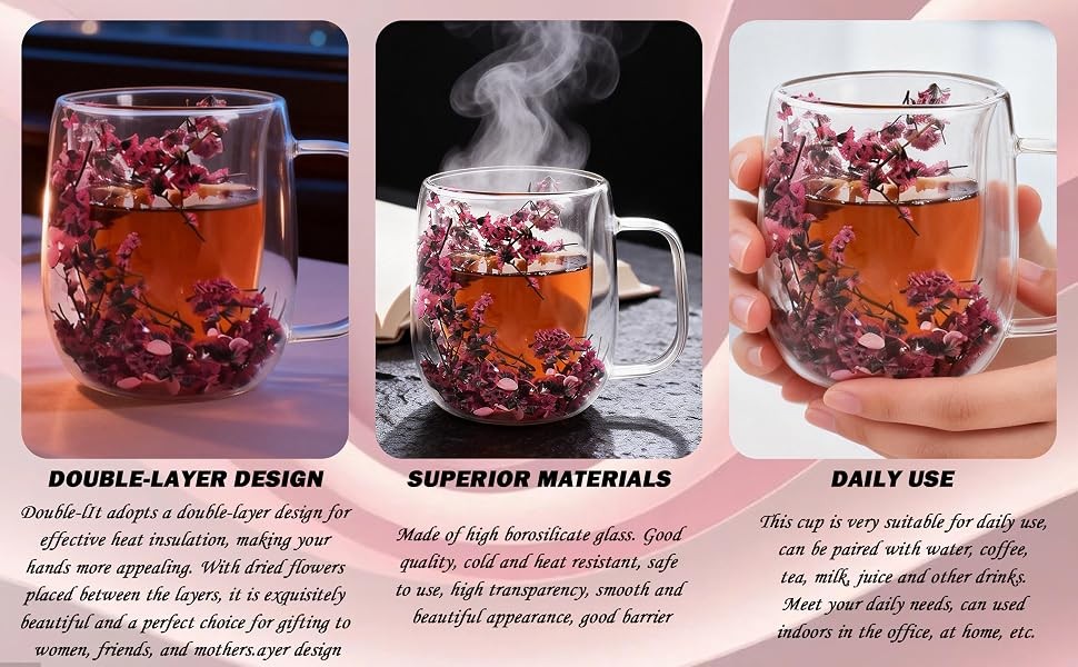 Real Flower Glass Tea Cup, Double Wall Borosilicate Coffee Mug with Preserved