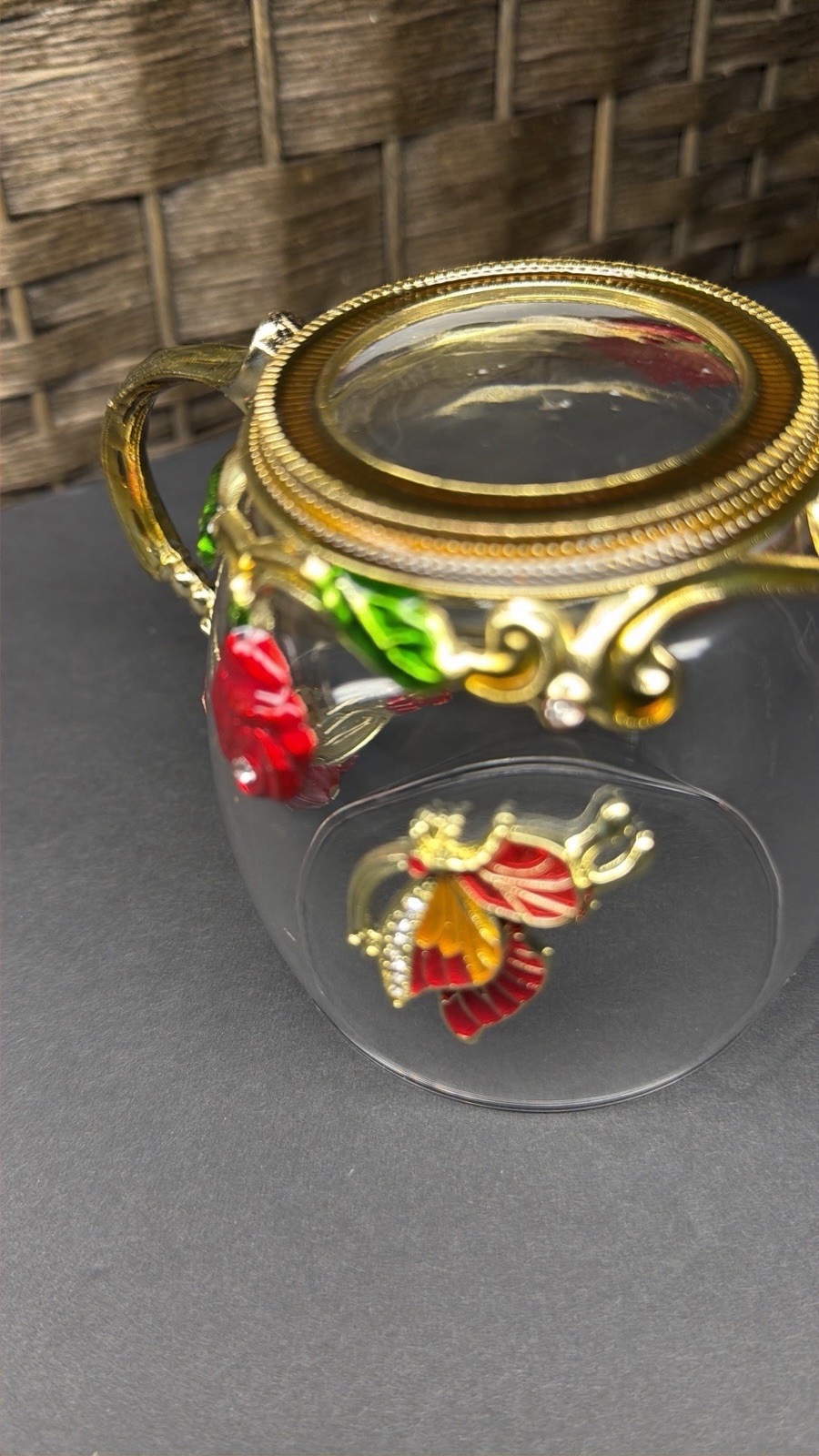 Decorated Glass Mug with Red Floral Butterfly Design Gold Handle Art Nouveau