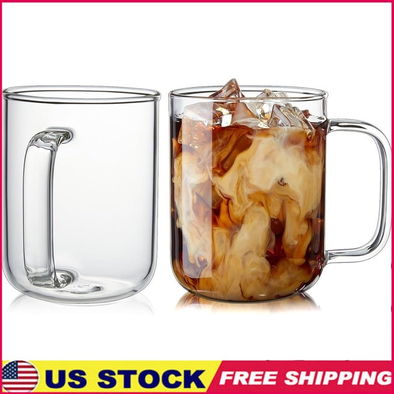 Clear Borosilicate Glass Coffee Mugs Set of 2 Dishwasher Safe Hot Cold Beverages
