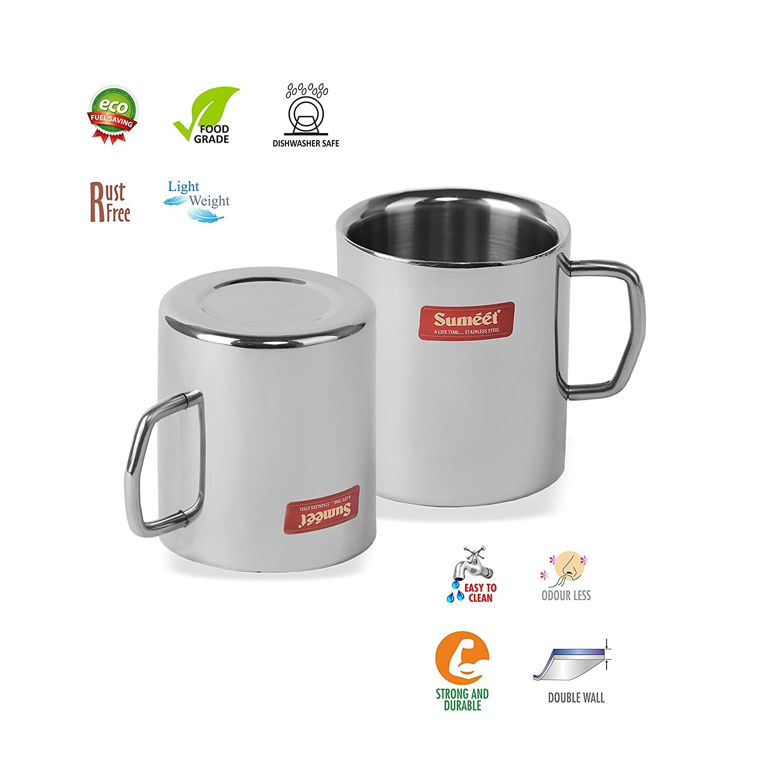 Stainless Steel Double Wall Tea and Coffee Big Mug Set of 2 Pcs 300 Ml Each
