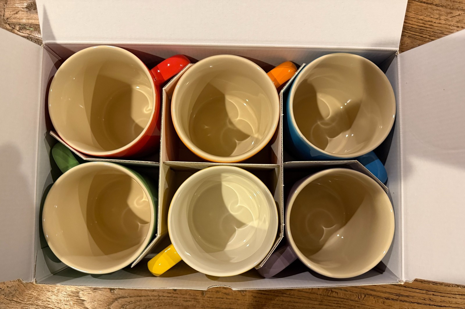 Le Creuset Stoneware Rainbow Multicolor Set of 6 12 oz London Coffee Mugs NEW