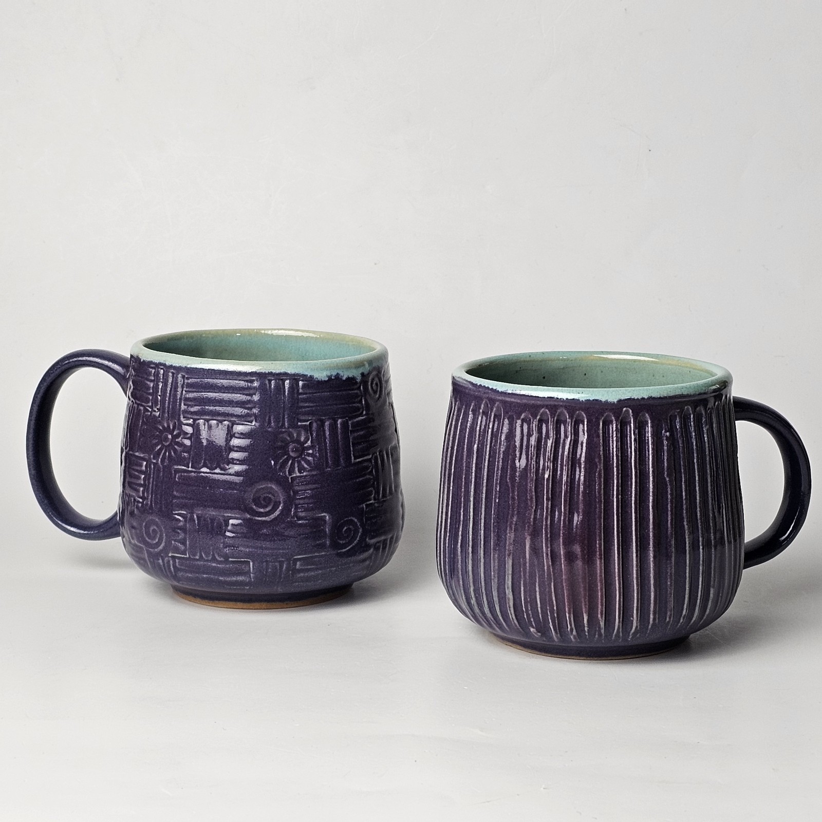 Studio Art Pottery Hand-thrown Purple & Green Drip Glaze Ceramic Mug Set of 2
