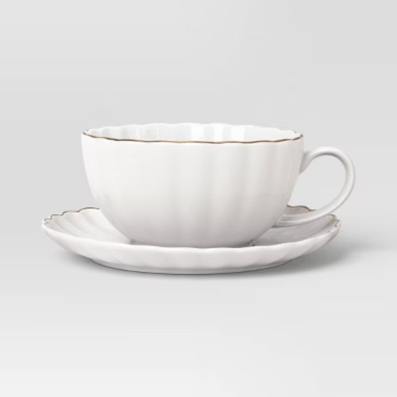 13.1 fl oz Stoneware Tea Cup with Saucer Gold Rim