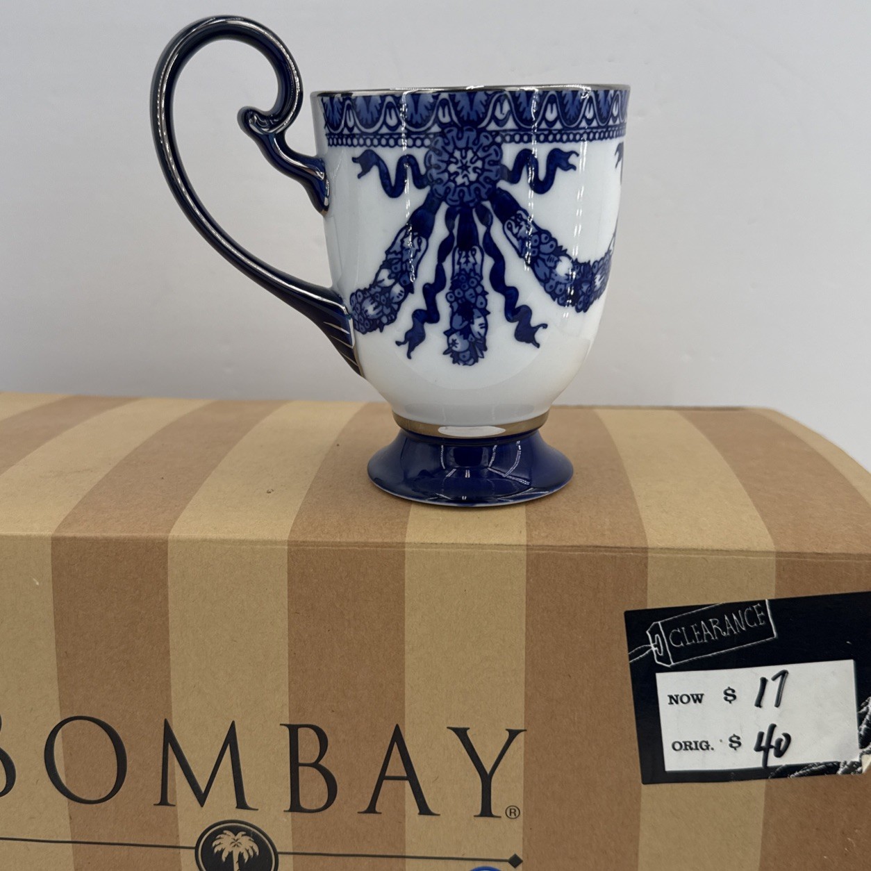 Vtg Y2K Bombay Grace Mug Cobalt Blue Elegant Handle Abstract Pedestal 10 oz