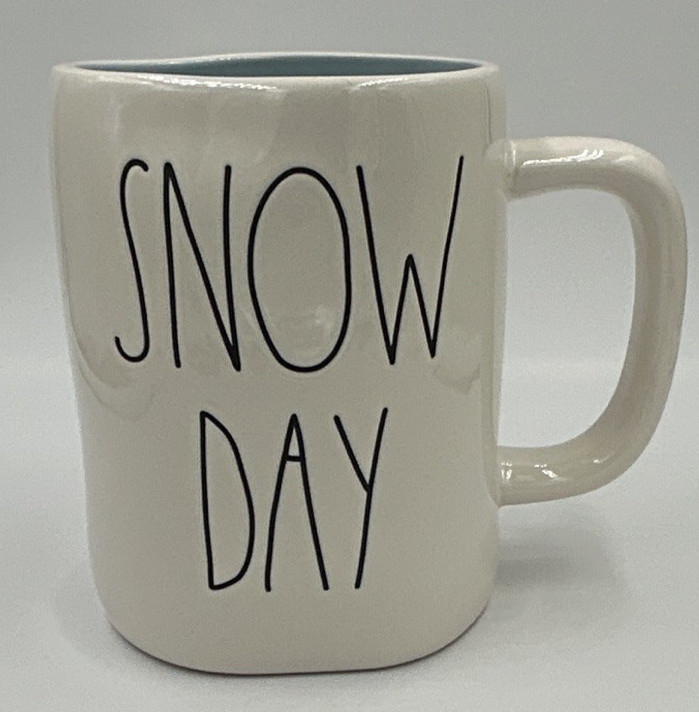 Rae Dunn SNOW DAY 16 oz Ceramic Coffee Mug White/Blue Interior Snowflake
