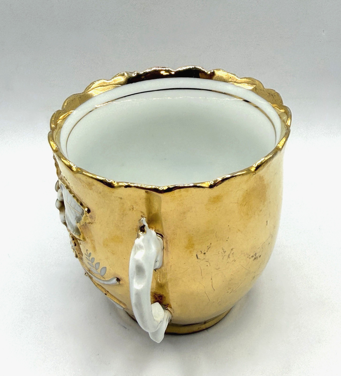 ANTIQUE ART DECO GERMAN 3D COFFEE TEA CUP & SAUCER GOLD FLORAL FLOWERS & LEAVES