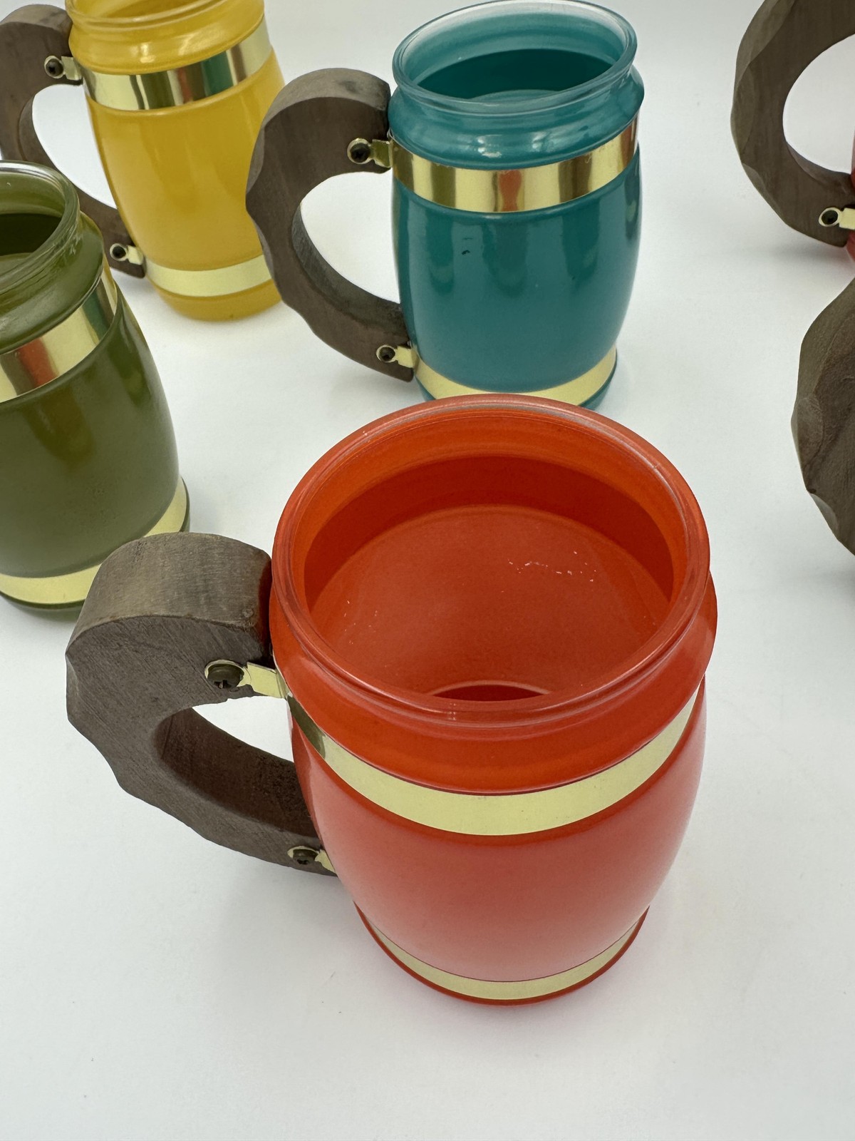 Siesta Ware Glass Mugs Set Of 6 Glass Barrel Wood Handles Multicolor Vintage