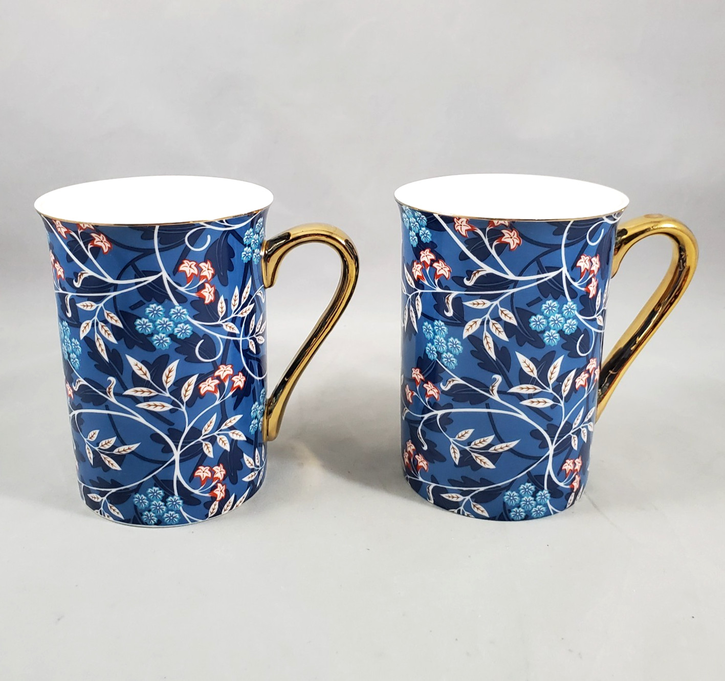 Set of 2 Grace’s Teaware Blue Morris Mug Floral Vines Gold Rim & Handle 4in