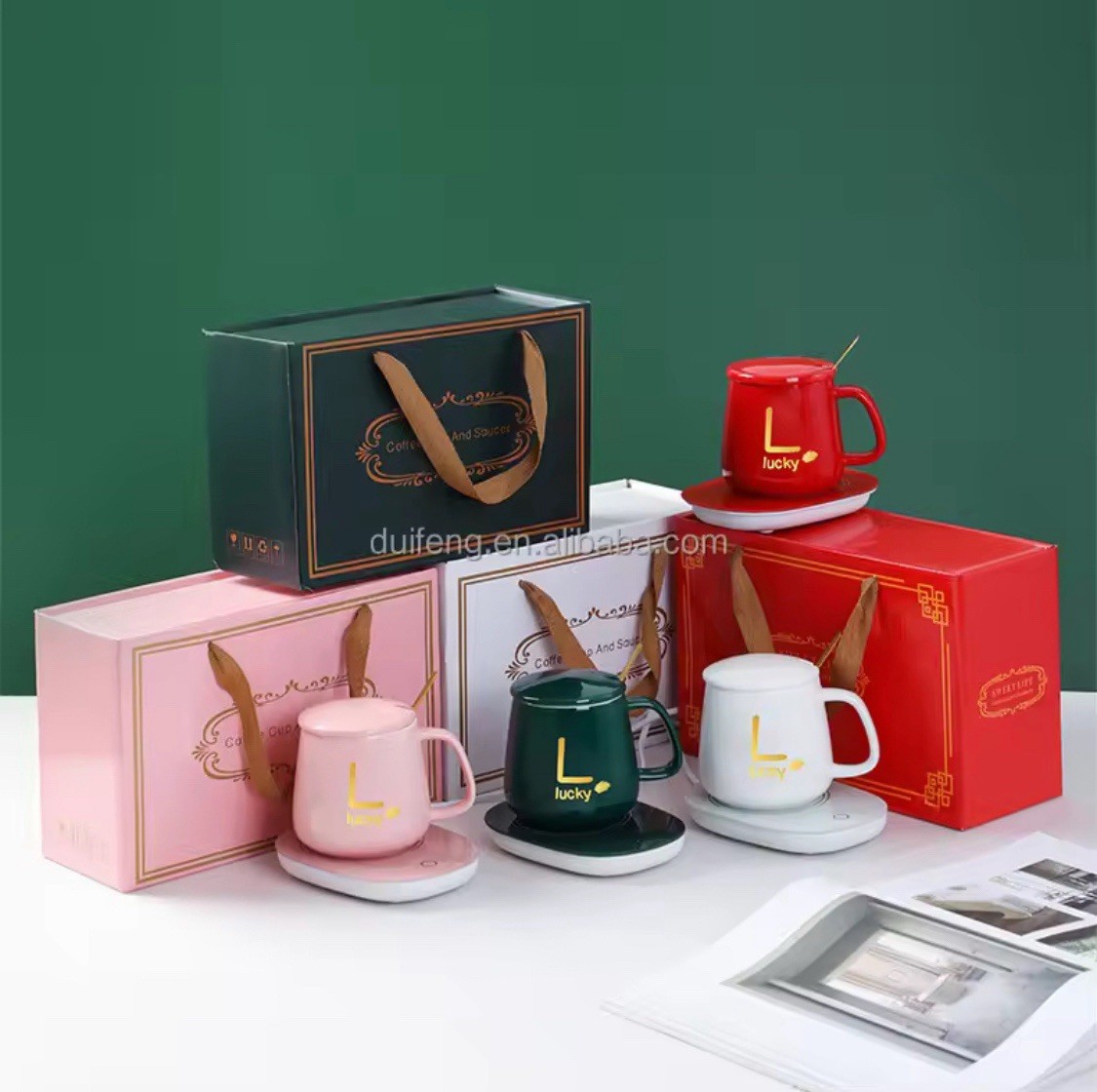 Ceramic Lucky Coffee Mug 375ml Set w/ Lid, Spoon & Coaster, Microwave Safe