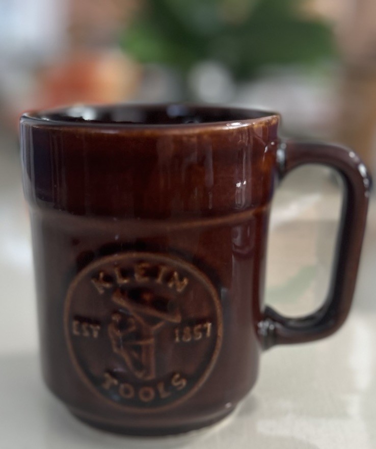 Vtg Klein Tools 125th Anniversary Coffee Mug Cup Brown Glaze-Lineman Logo USA