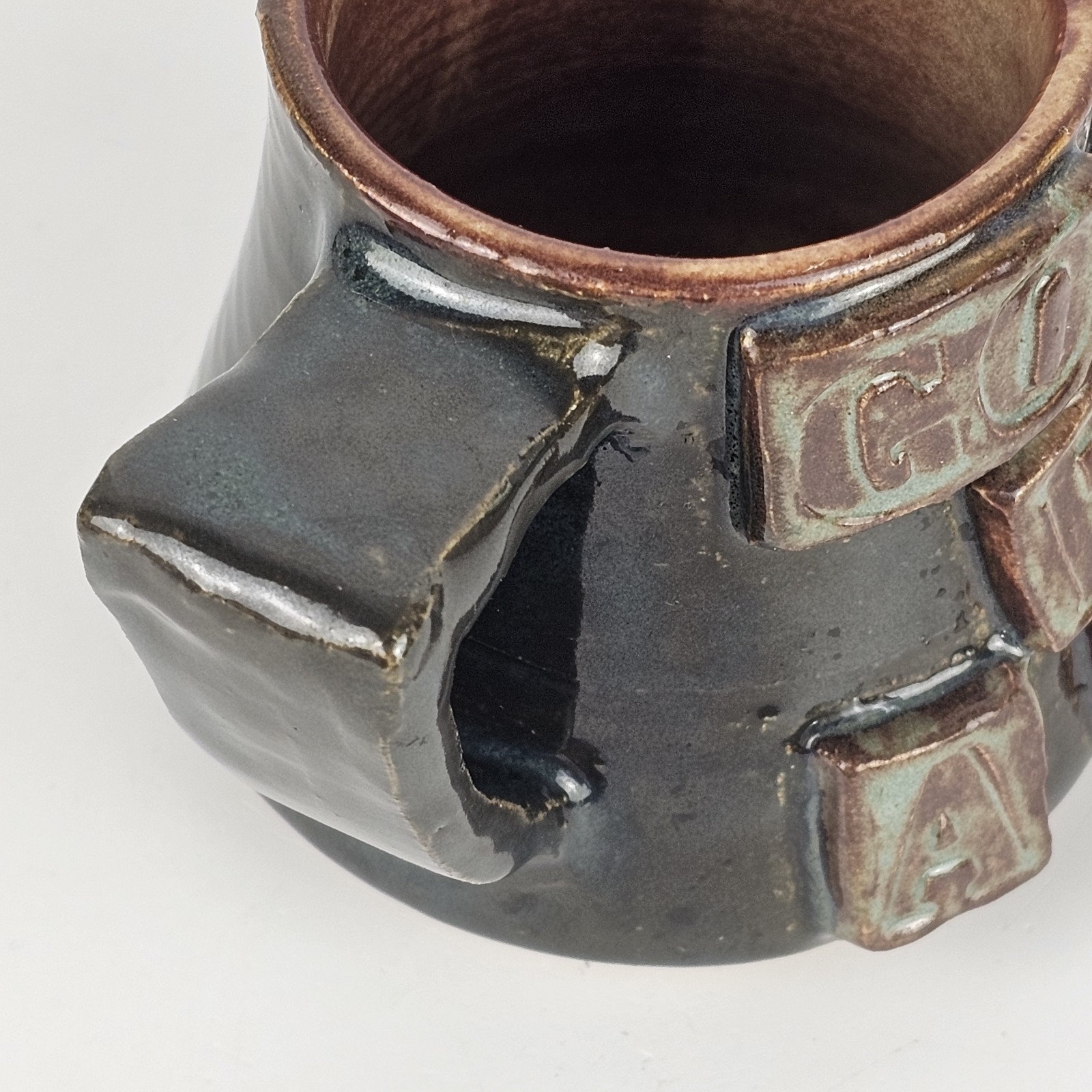 Signed Studio Art Pottery Handmade Earthy Brown Black Drip Glaze Ceramic Mug
