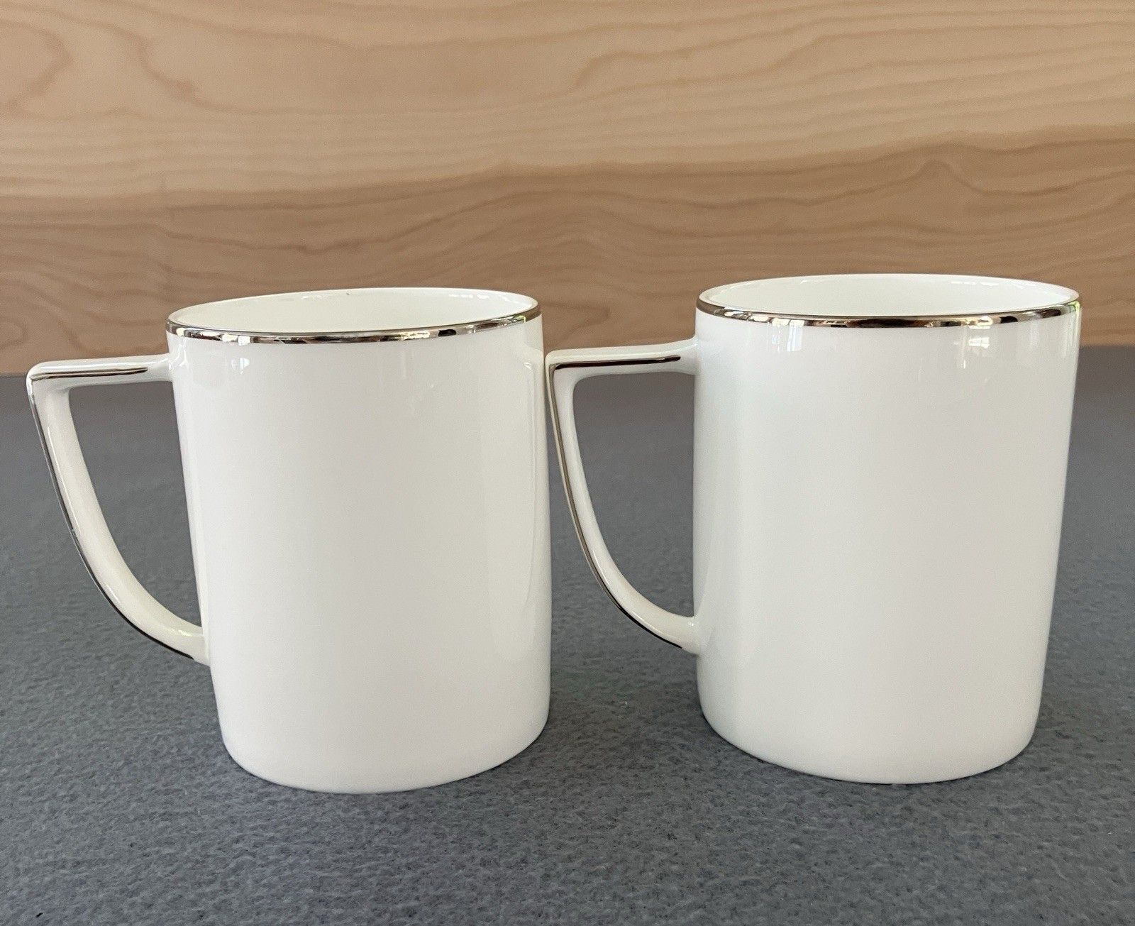 Olivia & Oliver Set Of Mr. and Mrs. White w/Silver Rim Bone China Coffee Cups